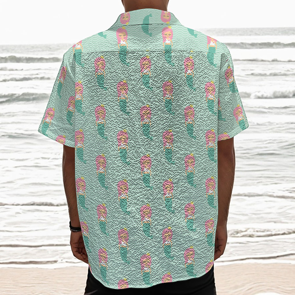 Cute Mermaid Pattern Print Textured Short Sleeve Shirt