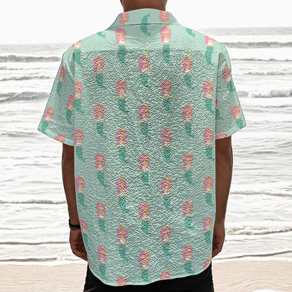Cute Mermaid Pattern Print Textured Short Sleeve Shirt
