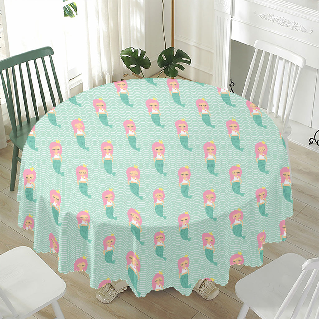 Cute Mermaid Pattern Print Waterproof Round Tablecloth