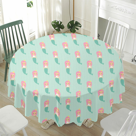 Cute Mermaid Pattern Print Waterproof Round Tablecloth