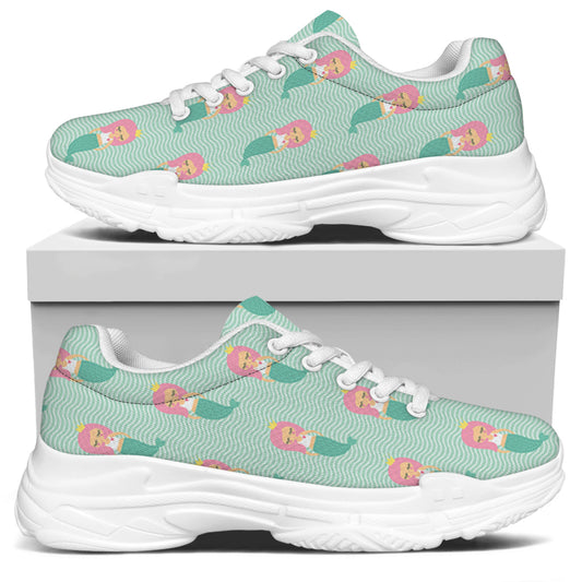 Cute Mermaid Pattern Print White Chunky Shoes