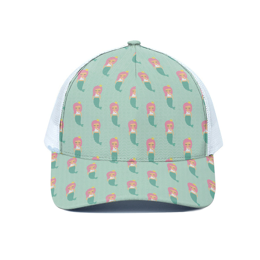 Cute Mermaid Pattern Print White Mesh Trucker Cap