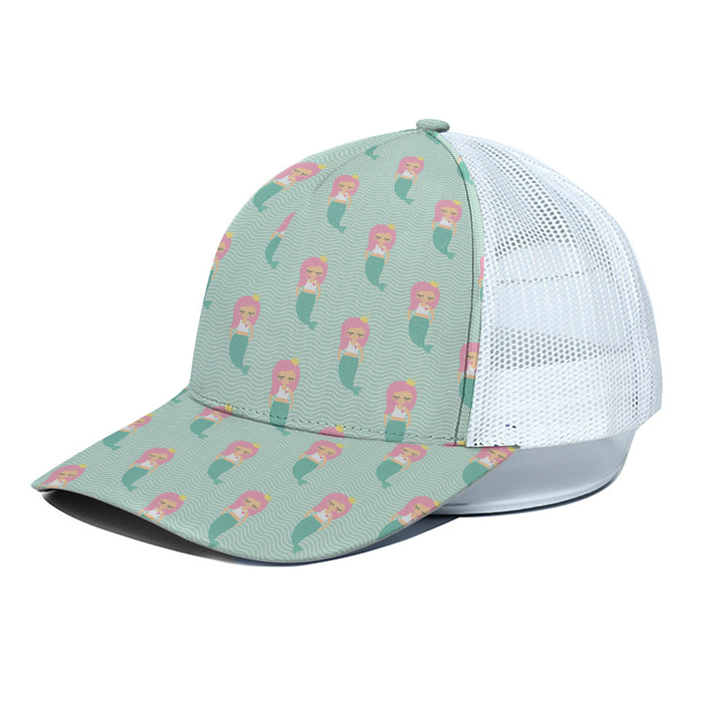Cute Mermaid Pattern Print White Mesh Trucker Cap