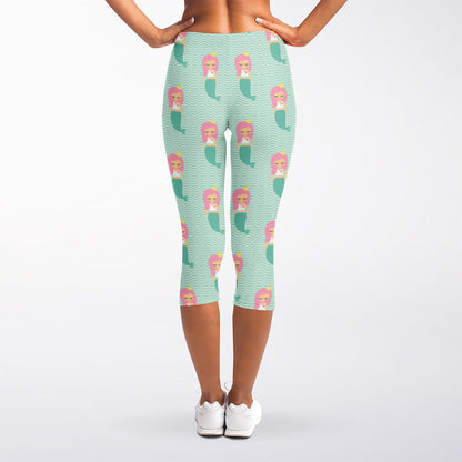 Cute Mermaid Pattern Print Women's Capri Leggings