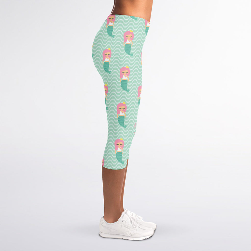 Cute Mermaid Pattern Print Women's Capri Leggings
