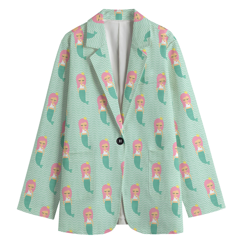 Cute Mermaid Pattern Print Women's Cotton Blazer