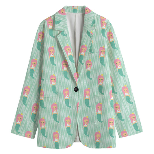 Cute Mermaid Pattern Print Women's Cotton Blazer