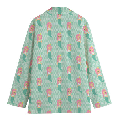 Cute Mermaid Pattern Print Women's Cotton Blazer