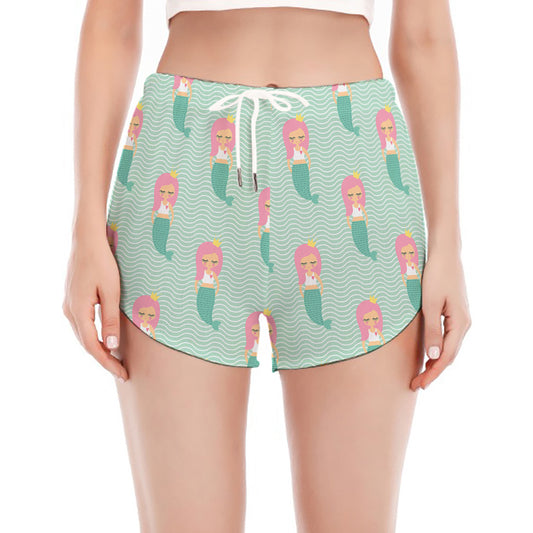 Cute Mermaid Pattern Print Women's Split Running Shorts