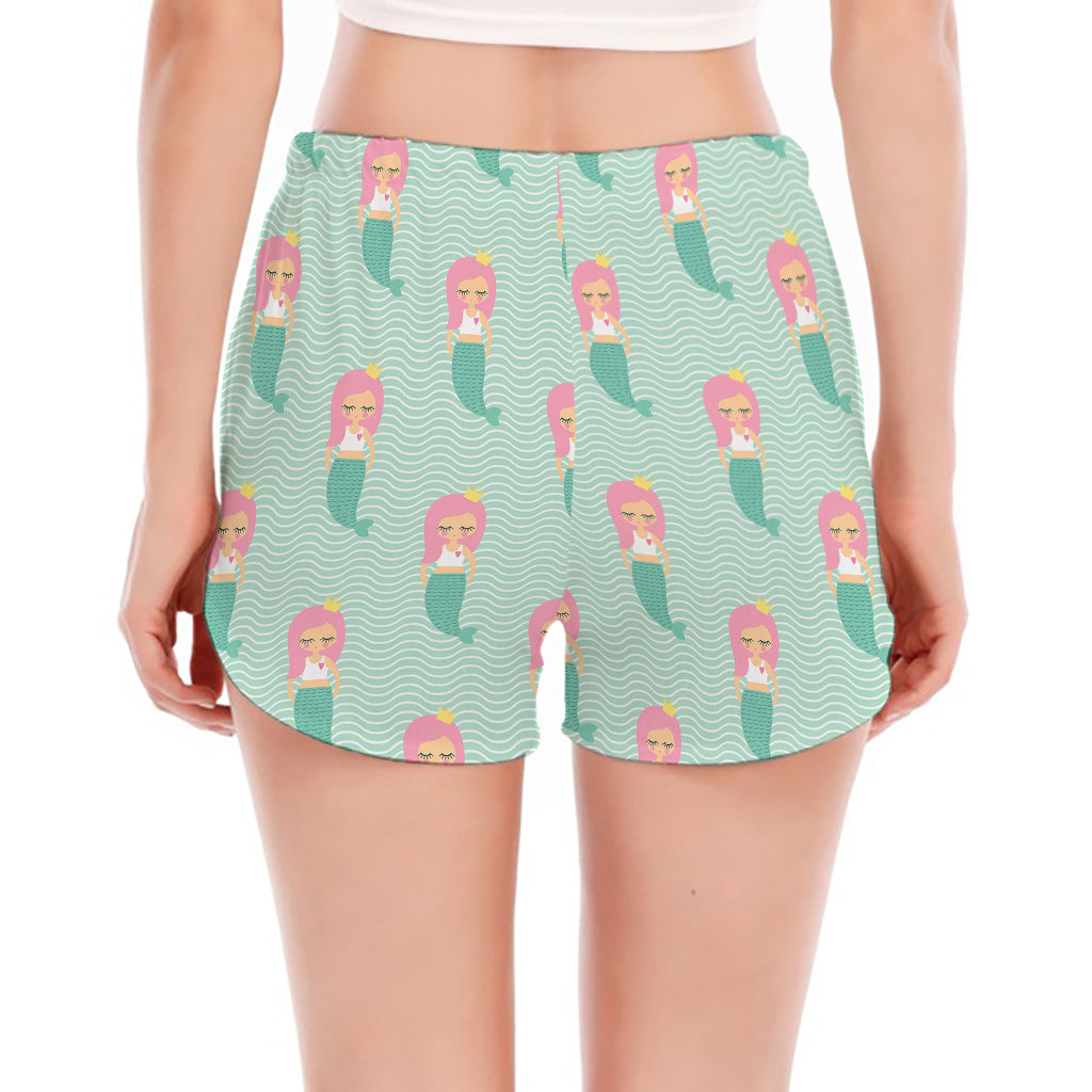 Cute Mermaid Pattern Print Women's Split Running Shorts