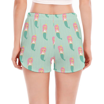 Cute Mermaid Pattern Print Women's Split Running Shorts