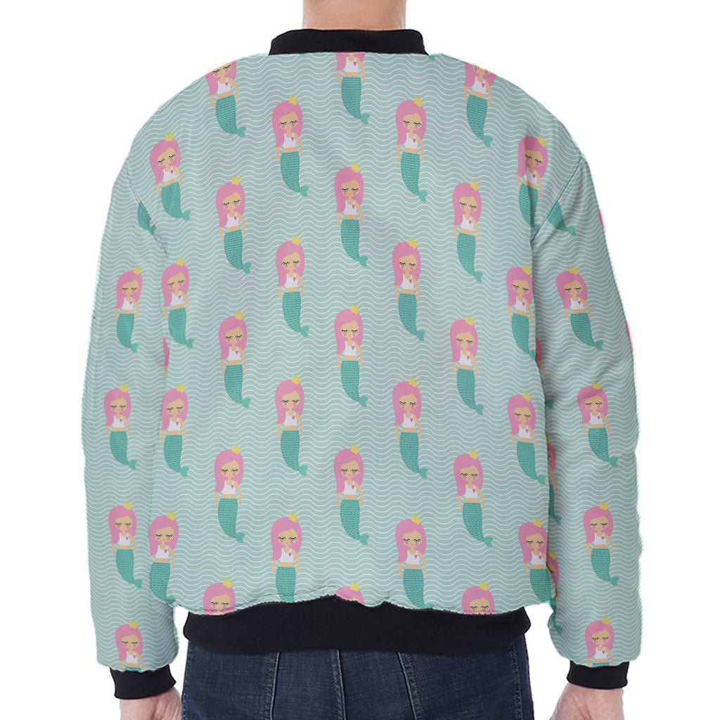 Cute Mermaid Pattern Print Zip Sleeve Bomber Jacket