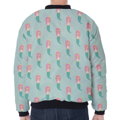 Cute Mermaid Pattern Print Zip Sleeve Bomber Jacket