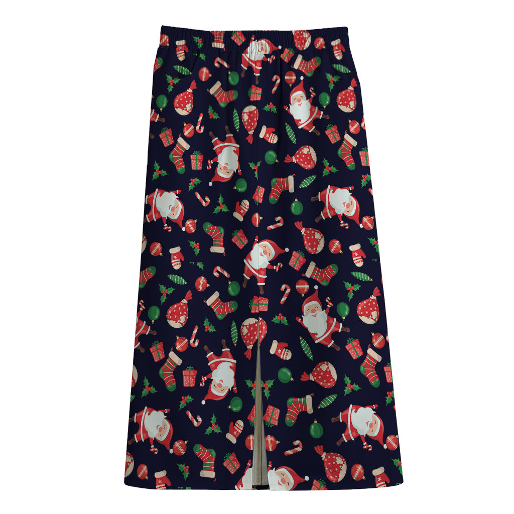 Cute Merry Christmas Pattern Print Cotton Front Slit Maxi Skirt