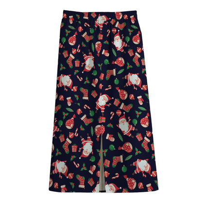 Cute Merry Christmas Pattern Print Cotton Front Slit Maxi Skirt