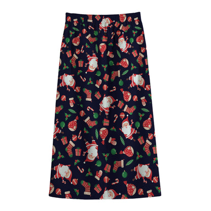 Cute Merry Christmas Pattern Print Cotton Front Slit Maxi Skirt