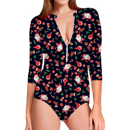 Cute Merry Christmas Pattern Print Long Sleeve Swimsuit