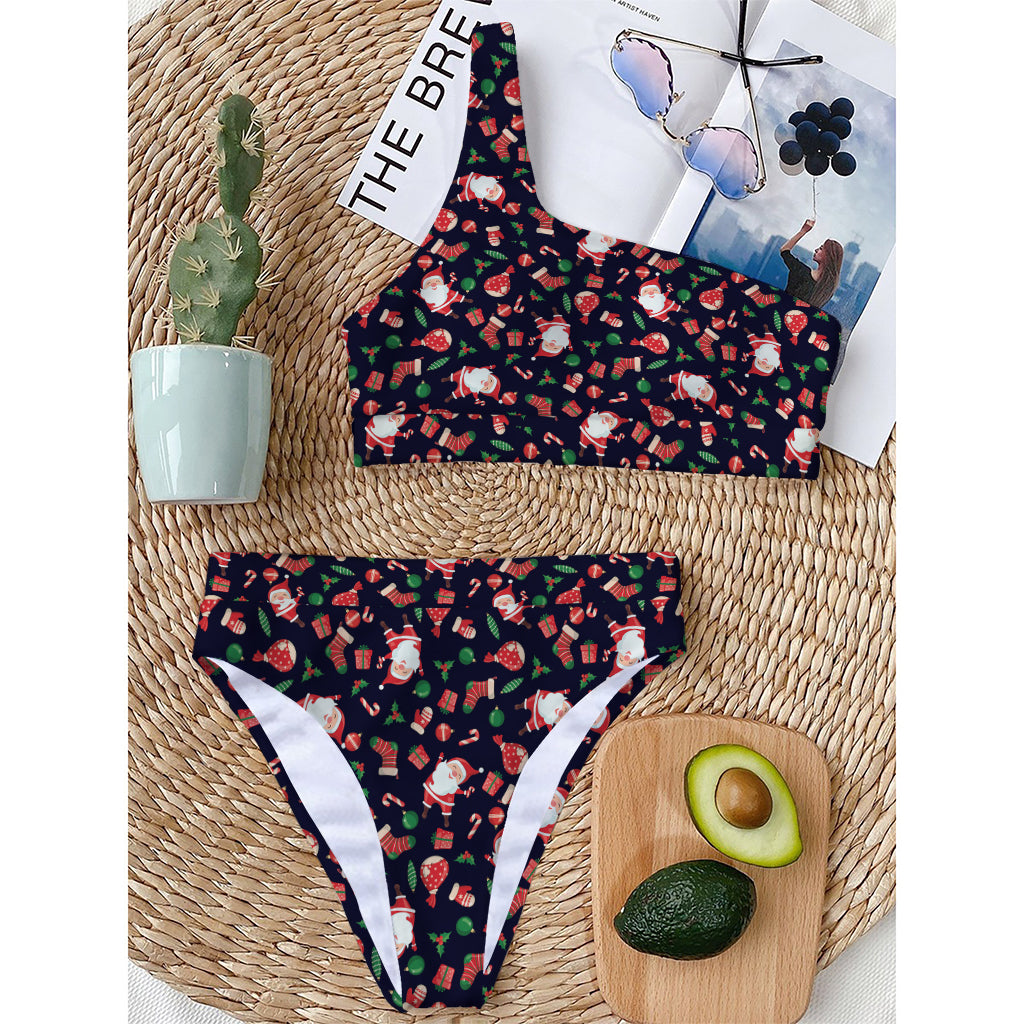 Cute Merry Christmas Pattern Print One Shoulder Bikini Top