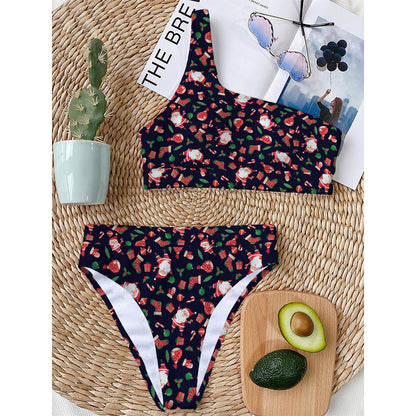 Cute Merry Christmas Pattern Print One Shoulder Bikini Top