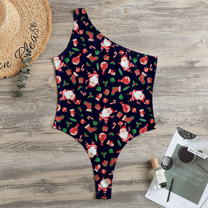Cute Merry Christmas Pattern Print One Shoulder Bodysuit