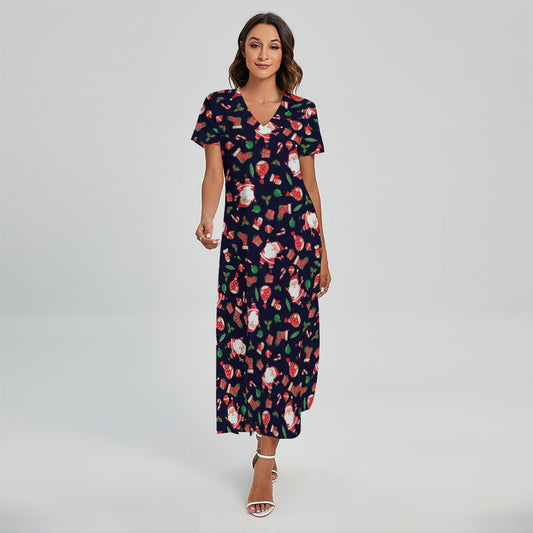 Cute Merry Christmas Pattern Print Short Sleeve Maxi Dress