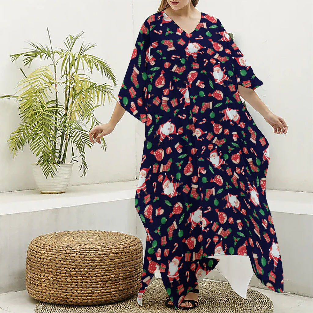 Cute Merry Christmas Pattern Print Silk V-Neck Kaftan Dress