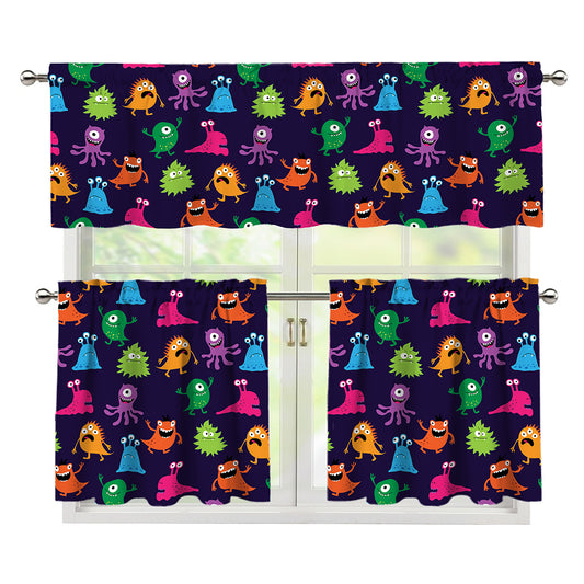 Cute Monster Pattern Print 3 Piece Kitchen Curtains