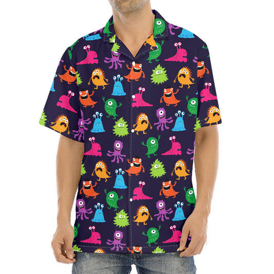 Cute Monster Pattern Print Aloha Shirt