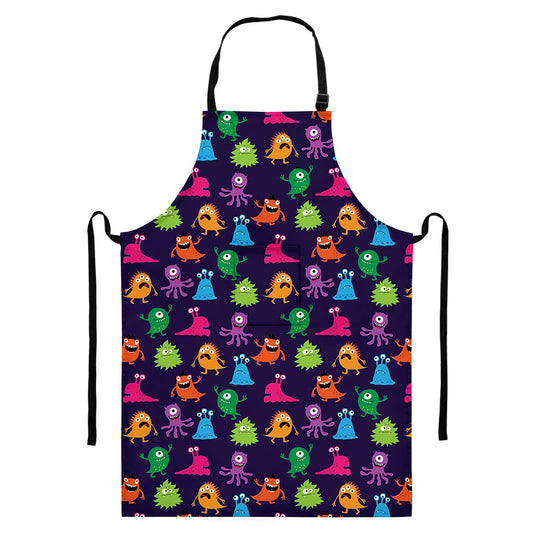 Cute Monster Pattern Print Bib Apron With Pocket