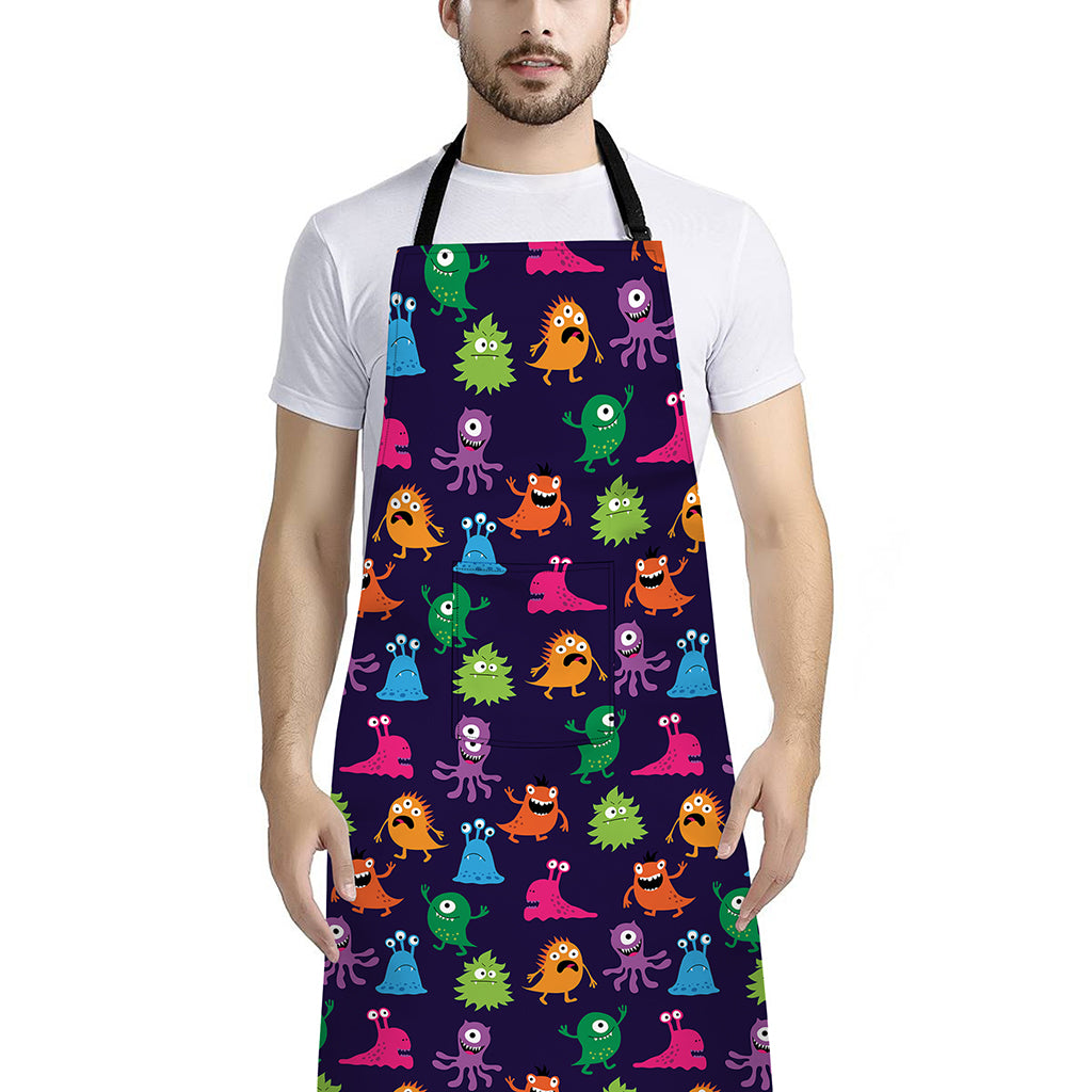 Cute Monster Pattern Print Bib Apron With Pocket