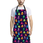 Cute Monster Pattern Print Bib Apron With Pocket