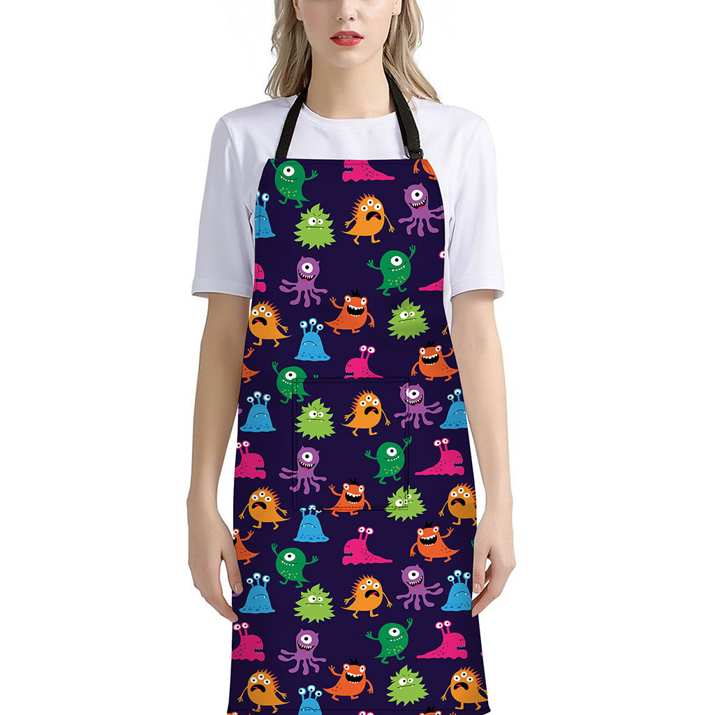 Cute Monster Pattern Print Bib Apron With Pocket