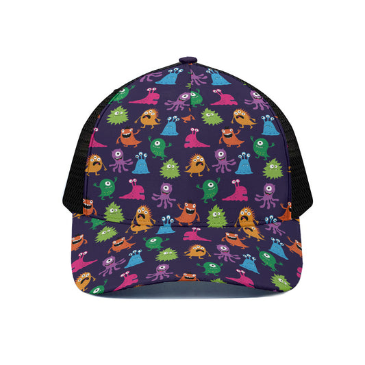 Cute Monster Pattern Print Black Mesh Trucker Cap