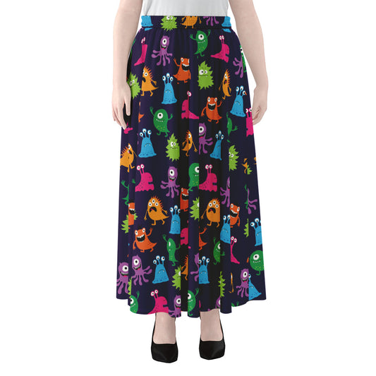 Cute Monster Pattern Print Chiffon Maxi Skirt