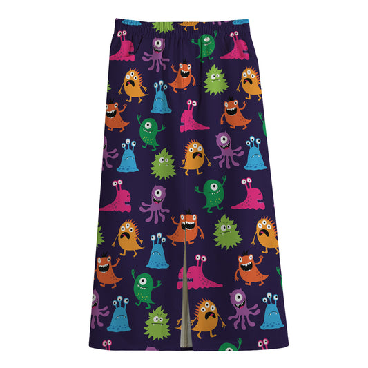 Cute Monster Pattern Print Cotton Front Slit Maxi Skirt