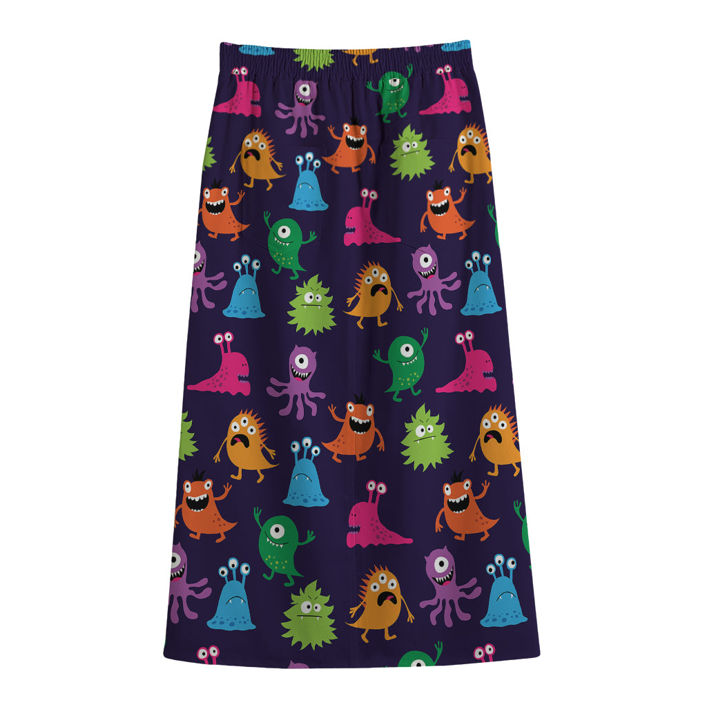 Cute Monster Pattern Print Cotton Front Slit Maxi Skirt