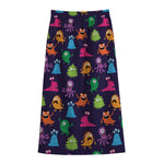 Cute Monster Pattern Print Cotton Front Slit Maxi Skirt