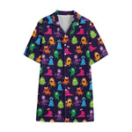 Cute Monster Pattern Print Cotton Hawaiian Shirt