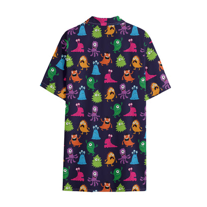 Cute Monster Pattern Print Cotton Hawaiian Shirt