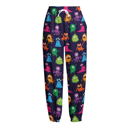 Cute Monster Pattern Print Fleece Lined Knit Pants