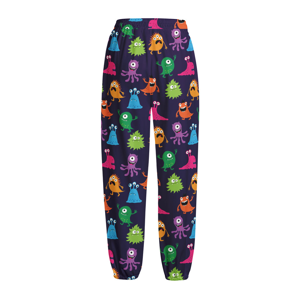 Cute Monster Pattern Print Fleece Lined Knit Pants