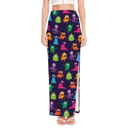 Cute Monster Pattern Print High Slit Maxi Skirt