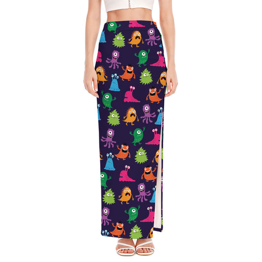 Cute Monster Pattern Print High Slit Maxi Skirt