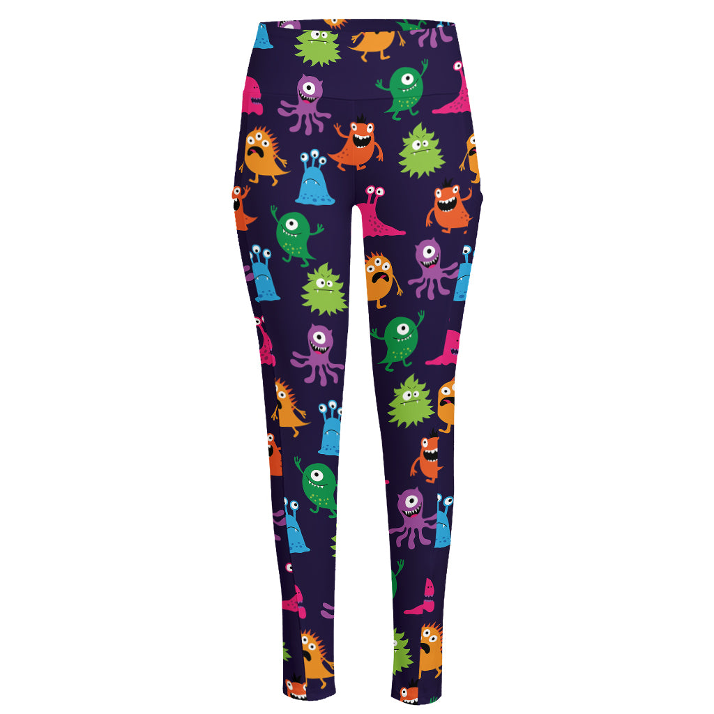 Cute Monster Pattern Print High-Waisted Pocket Leggings