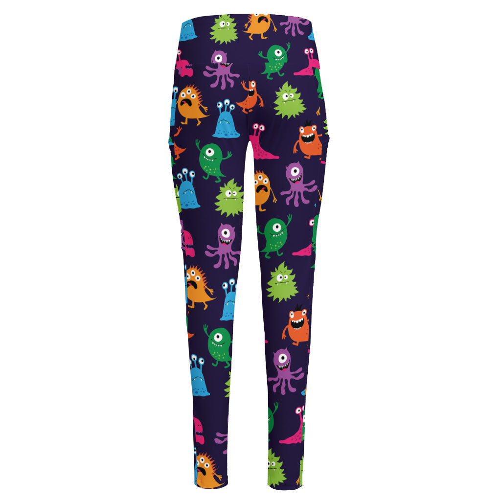 Cute Monster Pattern Print High-Waisted Pocket Leggings