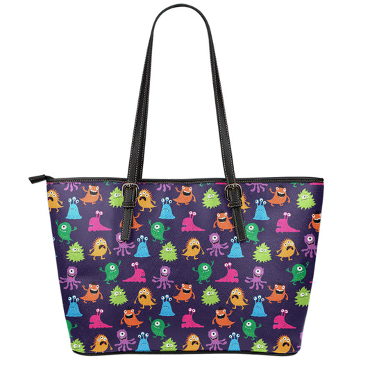 Cute Monster Pattern Print Leather Tote Bag