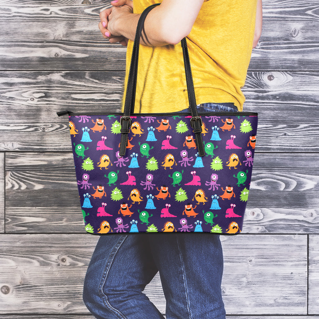 Cute Monster Pattern Print Leather Tote Bag