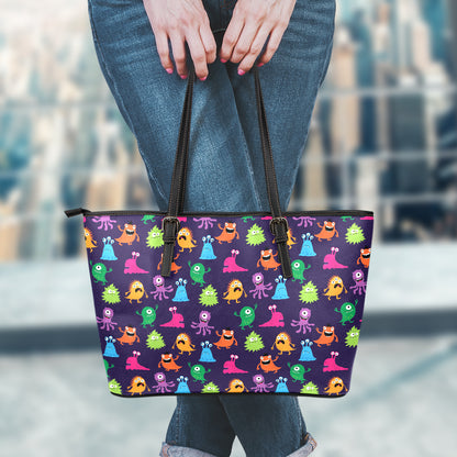 Cute Monster Pattern Print Leather Tote Bag