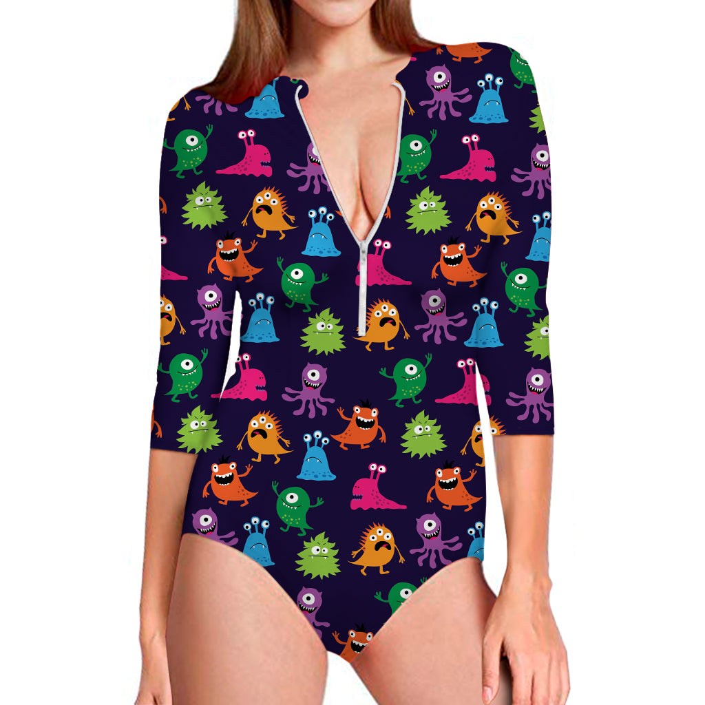 Cute Monster Pattern Print Long Sleeve Swimsuit