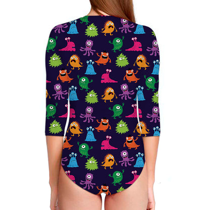 Cute Monster Pattern Print Long Sleeve Swimsuit